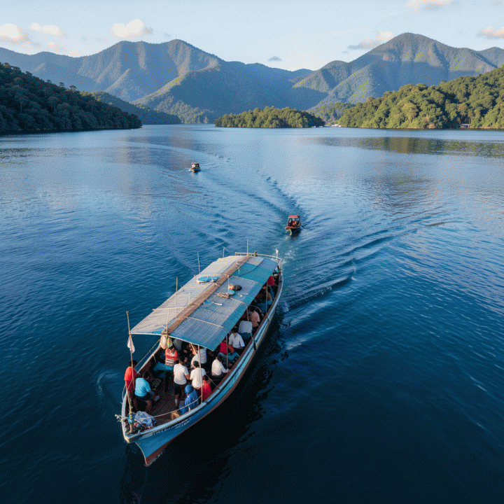 Foto udara kapal penyeberangan yang melintasi Danau Toba dari Parapat menuju Samosir, menggambarkan perjalanan petualangan liburan.