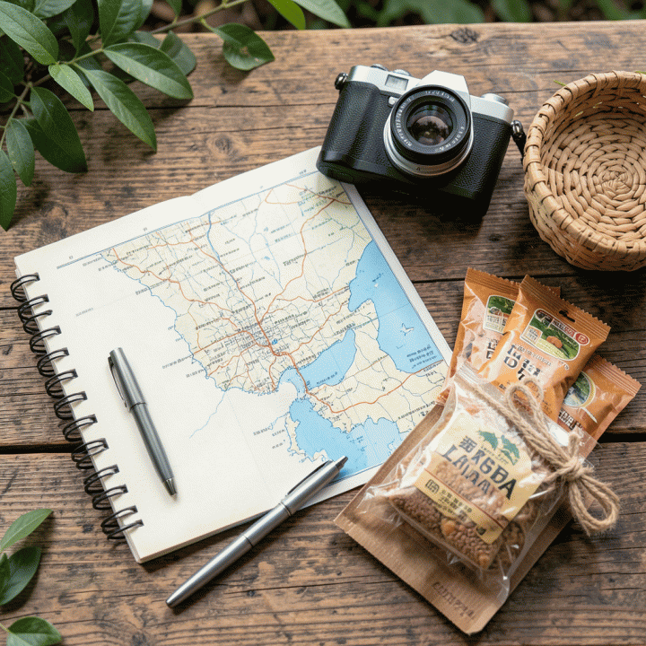 Perlengkapan rencana perjalanan (flat lay) seperti buku harian, peta, dan kamera di latar belakang kayu, mewakili persiapan liburan sekolah.