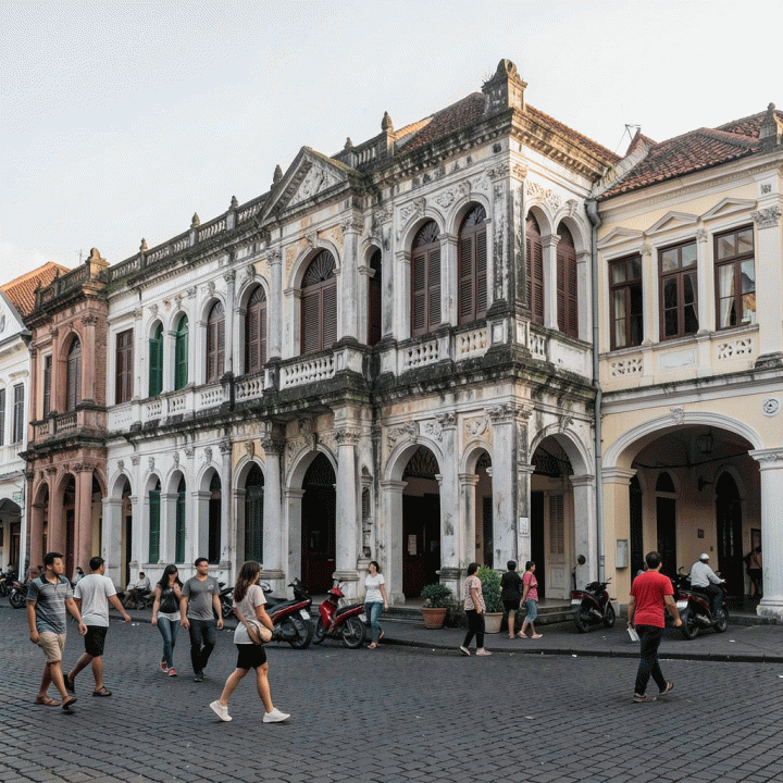 Jalanan batu Kota Lama Semarang dengan arsitektur kolonial Belanda yang bersejarah dan orang-orang lokal yang berjalan santai.
