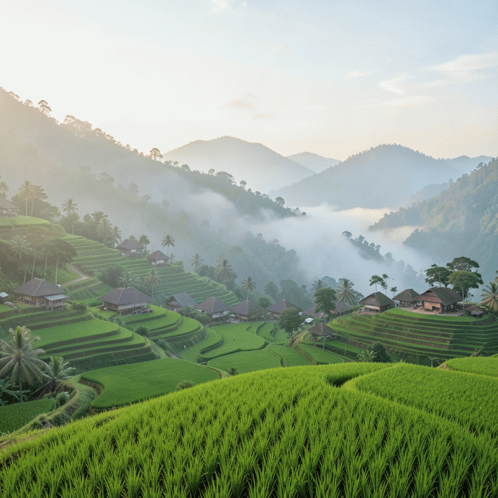 Pemandangan alam pegunungan Ungaran yang sejuk dan hijau, dengan latar belakang kabut tipis, menyajikan suasana segar untuk liburan keluarga.