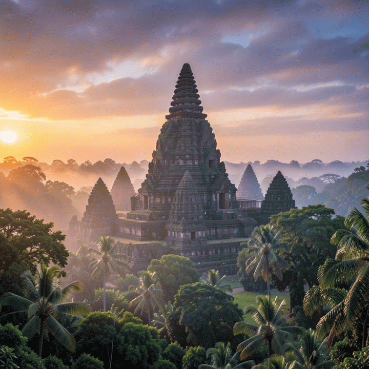 Pemandangan megah Candi Borobudur saat matahari terbit yang diselimuti kabut dan kehijauan tropis.