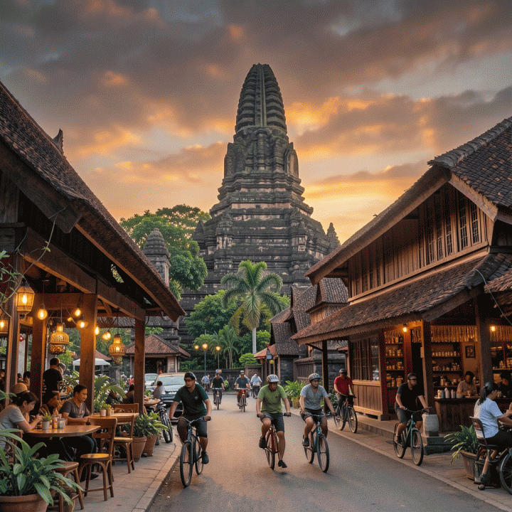 Pemandangan sinematik yang memadukan keagungan situs sejarah Yogyakarta seperti Borobudur dan arsitektur tradisional dengan energi petualangan modern saat matahari terbenam.