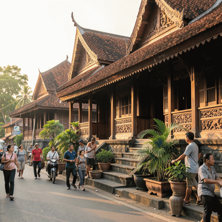 Jalanan pusat kota Yogyakarta yang menampilkan perpaduan harmonis arsitektur tradisional Jawa dan kehidupan modern sehari-hari.
