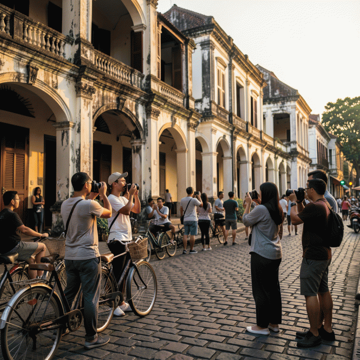 Suasana Kota Tua Jakarta yang bersejarah dengan arsitektur kolonial dan pengunjung wisata yang menikmati suasana kota lama.