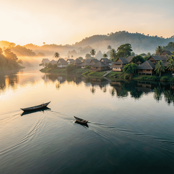 Pemandangan sinematik fotorealistik perbandingan keindahan alam dan budaya di antara Danau Toba (Parapat) dan Pulau Samosir saat matahari terbit.