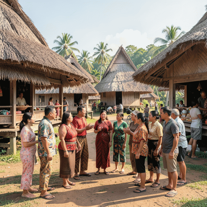 Interaksi turis keluarga dengan budaya lokal di desa tradisional Pulau Samosir.