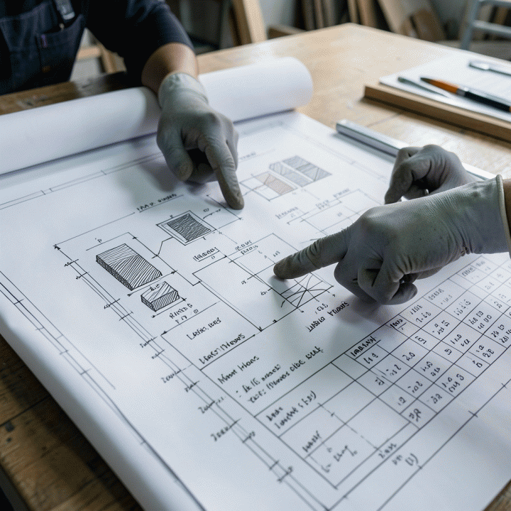 Tangan insinyur profesional sedang menunjuk pada perhitungan detail biaya material dan upah pada papan gambar proyek konstruksi yang terperinci.