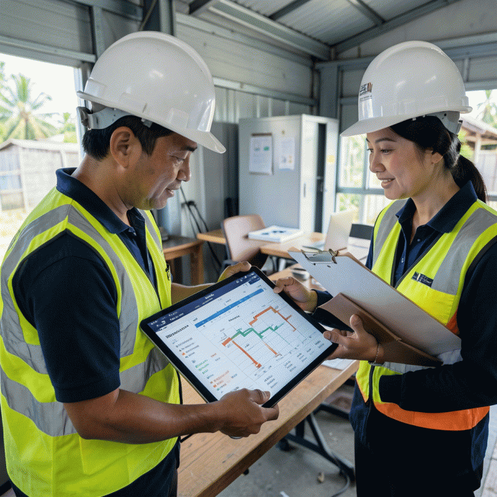 Dua profesional sedang meninjau diagram jadwal dan rincian biaya proyek di tablet, menunjukkan manajemen proyek yang terstruktur.