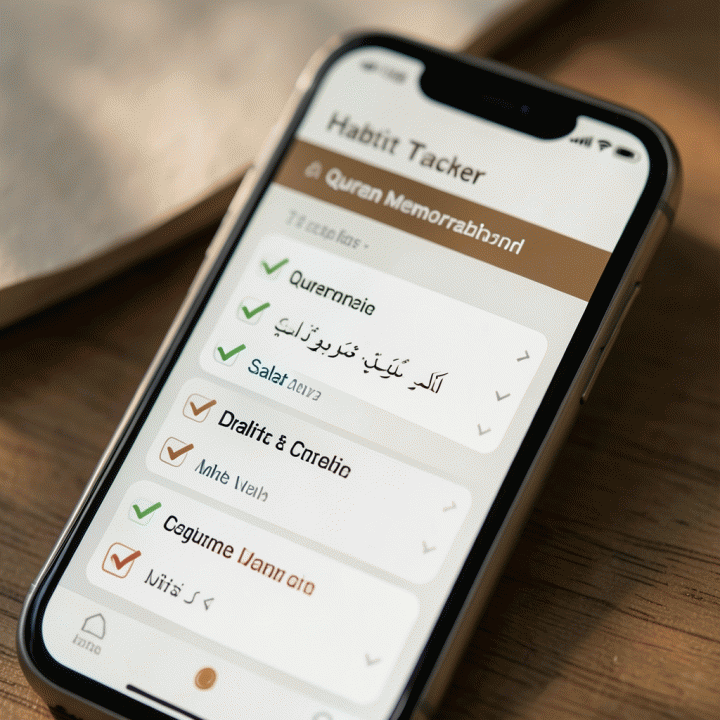 Tampilan close-up dari aplikasi pelacak kebiasaan ibadah digital di smartphone, menyoroti antarmuka yang rapi dan mudah digunakan untuk memantau konsistensi ibadah harian.