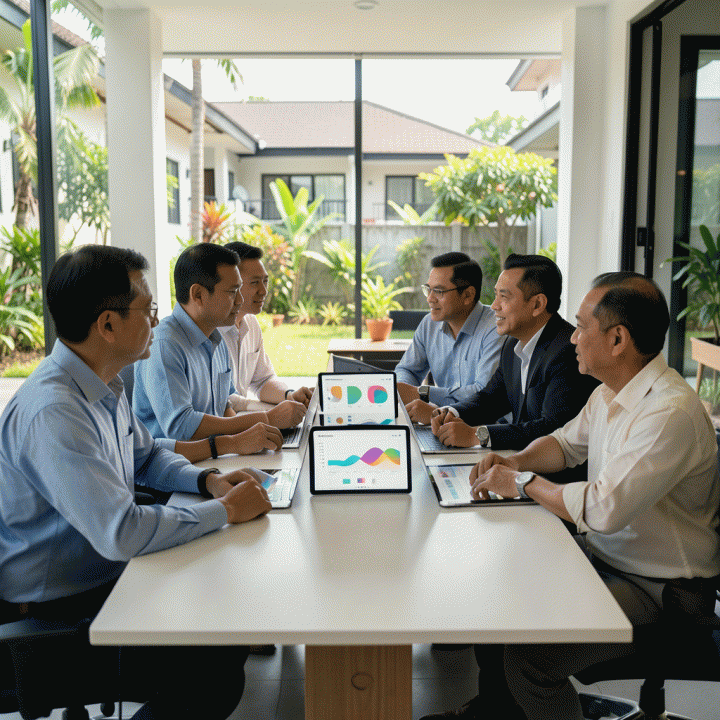 Kelompok pengurus komunitas di lingkungan modern Indonesia yang sedang berkolaborasi menggunakan tablet dan laptop untuk mengelola administrasi lingkungan secara digital, menunjukkan transparansi dan efisiensi.
