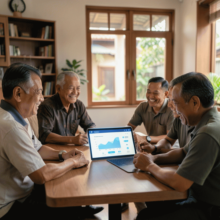 Pengurus RT/RW Indonesia berdiskusi di ruang rapat modern, menggunakan tablet digital untuk mengelola administrasi lingkungan secara efisien, meninggalkan tumpukan kertas manual.
