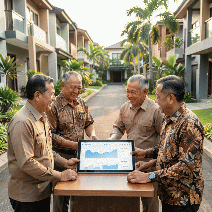 Pengurus RT/RW Indonesia yang berdiskusi di sekitar tablet digital berisi data administrasi lingkungan, melambangkan transisi dari pencatatan manual ke sistem digital yang efisien.