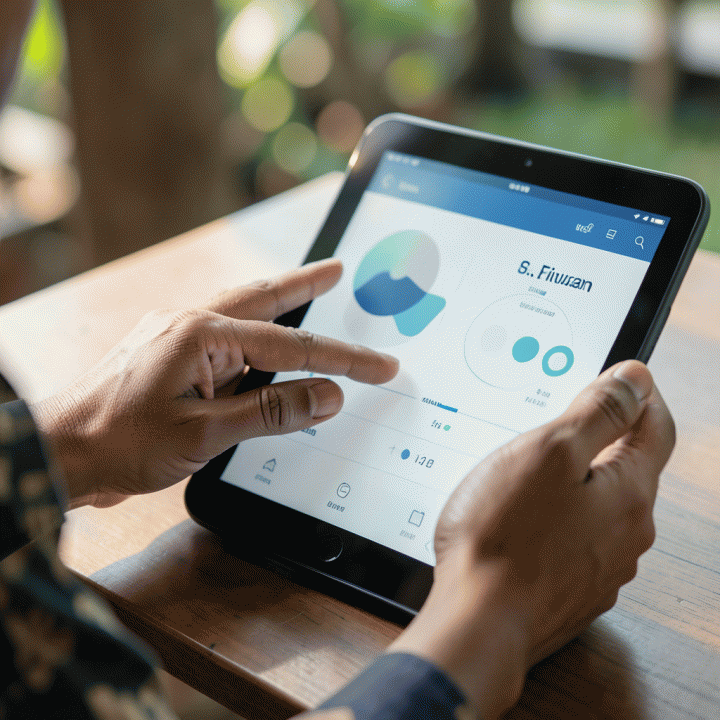 Tangan pengurus RT/RW menggunakan tablet untuk mencatat dan memverifikasi iuran bulanan secara digital.