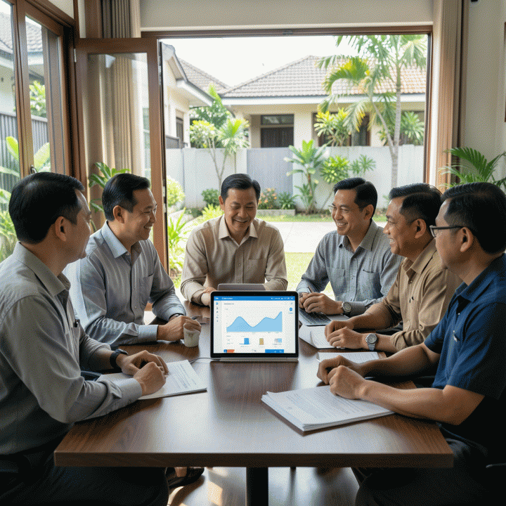 Pengurus RT/RW modern di ruangan pertemuan yang rapi, menggunakan tablet dan laptop untuk mengelola administrasi lingkungan secara digital, menciptakan suasana kolaboratif dan efisien.