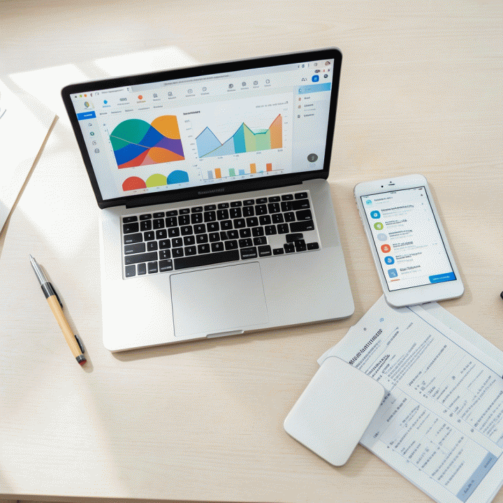 Tampilan meja kerja yang terorganisir, menampilkan laptop dan tablet dengan dashboard digital yang menunjukkan laporan keuangan dan pengumuman komunitas, melambangkan manajemen yang transparan.