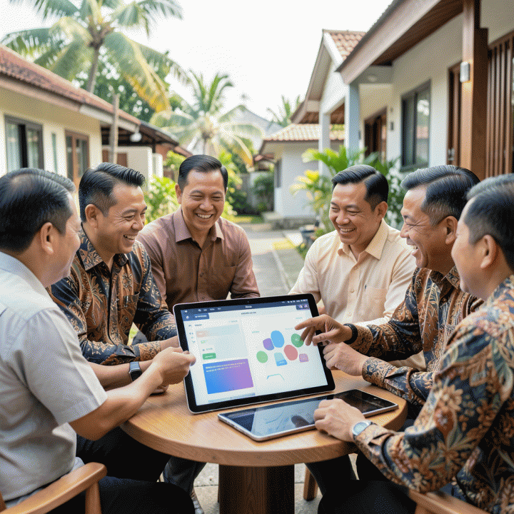 Sejumlah pengurus RT/RW modern di Indonesia berkumpul dan berdiskusi menggunakan tablet digital untuk mengelola administrasi lingkungan dengan transparan dan efisien.