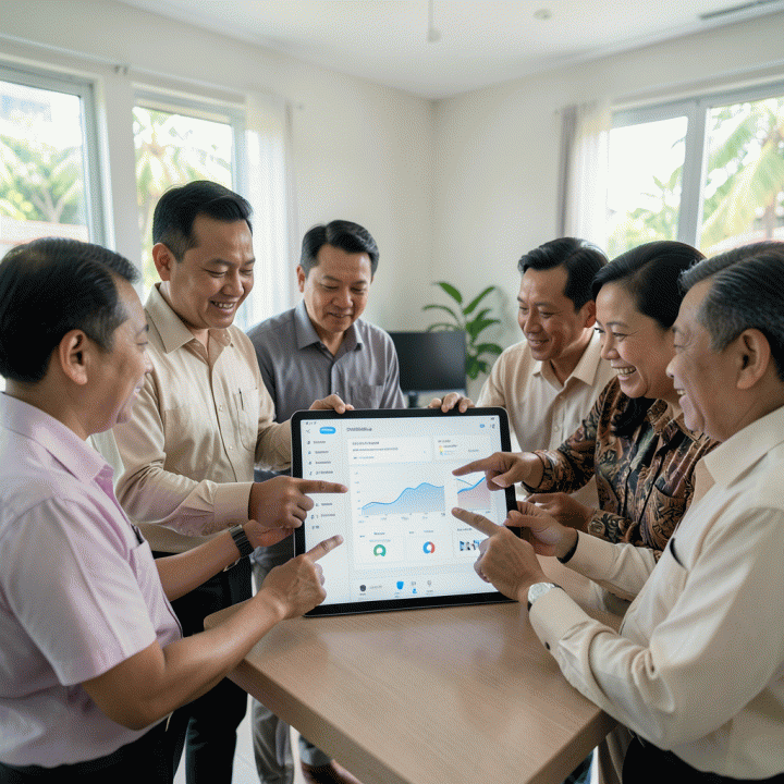 Pengurus RT/RW modern Indonesia berkolaborasi menggunakan tablet digital untuk mengelola administrasi lingkungan secara transparan dan efisien.