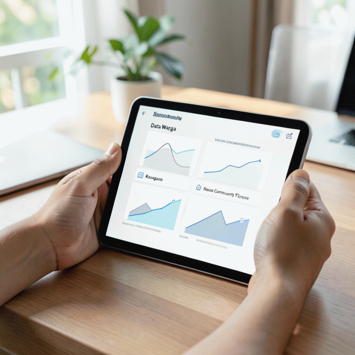 Tangan berinteraksi dengan tablet digital yang menampilkan dashboard administrasi komunitas yang rapi, fokus pada data dan keuangan.