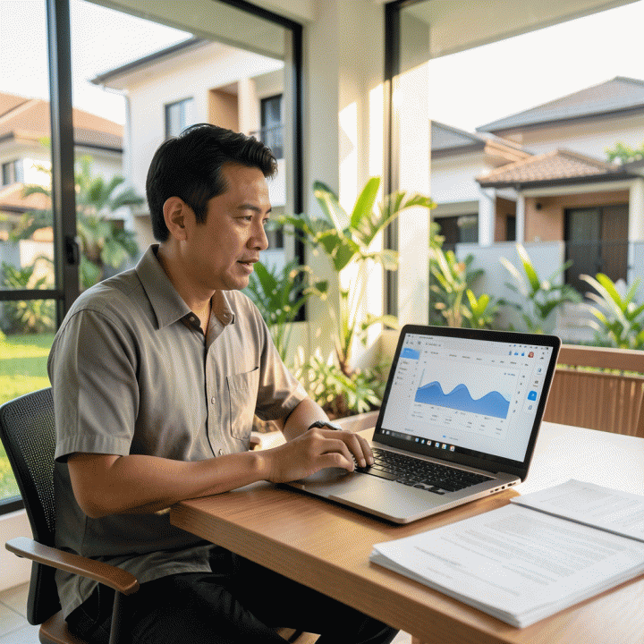 Pengurus RT/RW modern menggunakan laptop untuk mengelola administrasi lingkungan di area perumahan yang rapi, menunjukkan transisi dari manual ke digital.