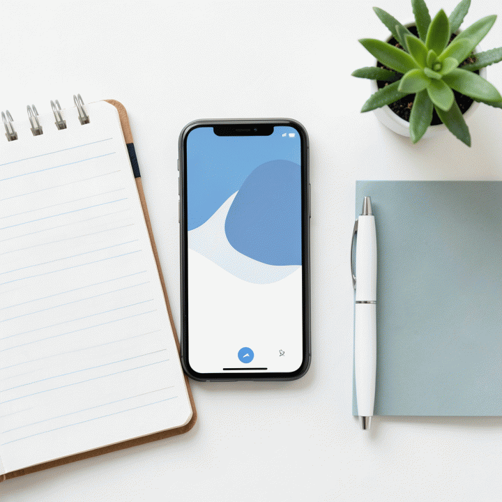 Komposisi flat-lay yang menampilkan alat digital dan fisik untuk komunikasi dan administrasi lingkungan yang terorganisir.