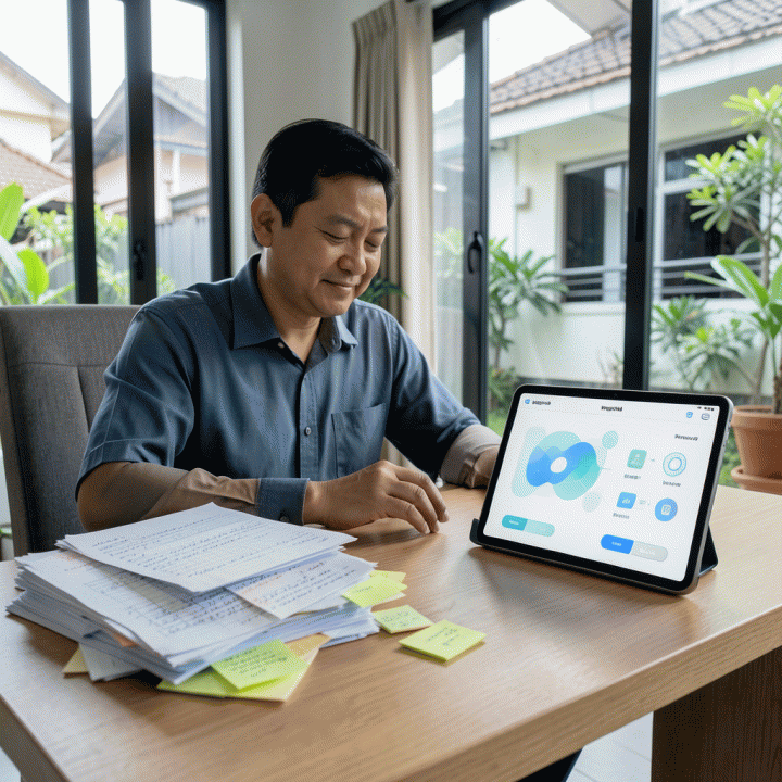 Pengurus RT/RW yang modern dan profesional menggunakan tablet digital di meja kerjanya, membandingkan efisiensi sistem digital dengan tumpukan arsip kertas manual di sampingnya.