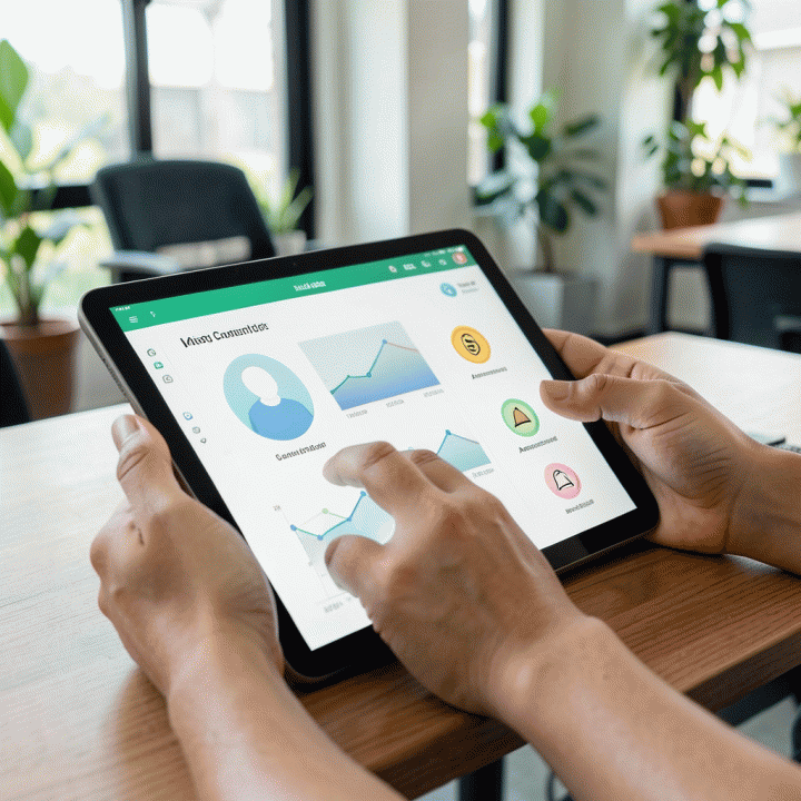 Tangan profesional yang sedang berinteraksi dengan dashboard digital di tablet, menunjukkan kemudahan pengelolaan data komunitas.