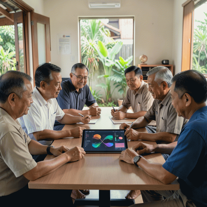 Pengurus RT/RW Indonesia modern sedang berdiskusi di ruang pertemuan dengan bantuan tablet digitalisasi data lingkungan.