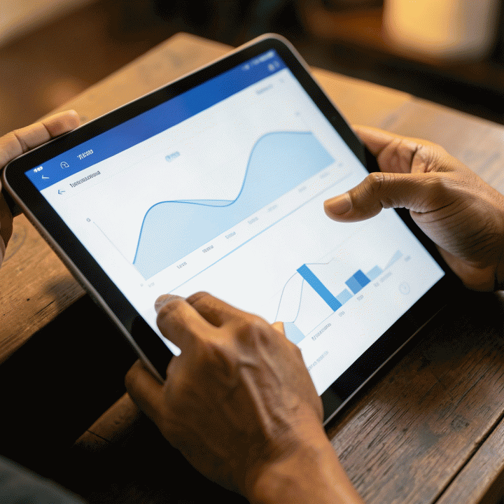 Tangan pengurus RT/RW menggunakan tablet untuk memantau laporan keuangan dan data warga secara digital.