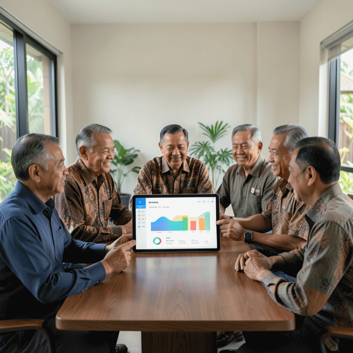 Pengurus RT/RW modern Indonesia berdiskusi di sekitar tablet digital yang menampilkan dashboard administrasi komunitas yang rapi dan terstruktur.