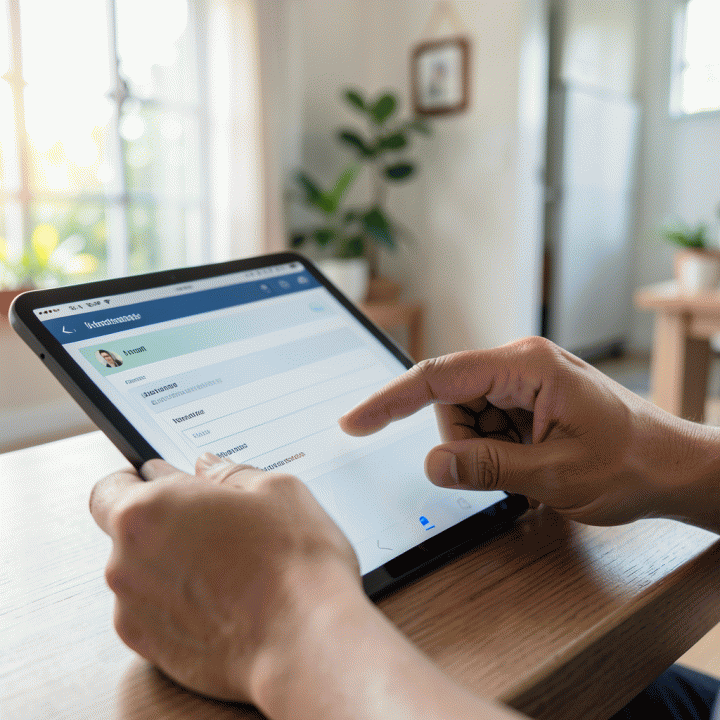 Tangan yang sedang memasukkan atau memverifikasi data iuran warga menggunakan tablet digital.