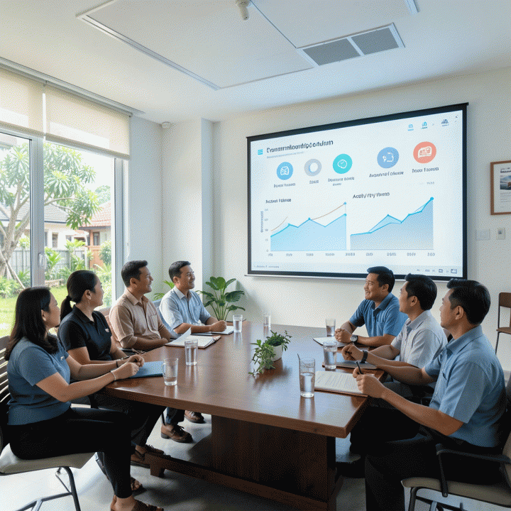 Pengurus RT/RW melihat laporan keuangan dan data komunitas secara transparan di layar digital besar.