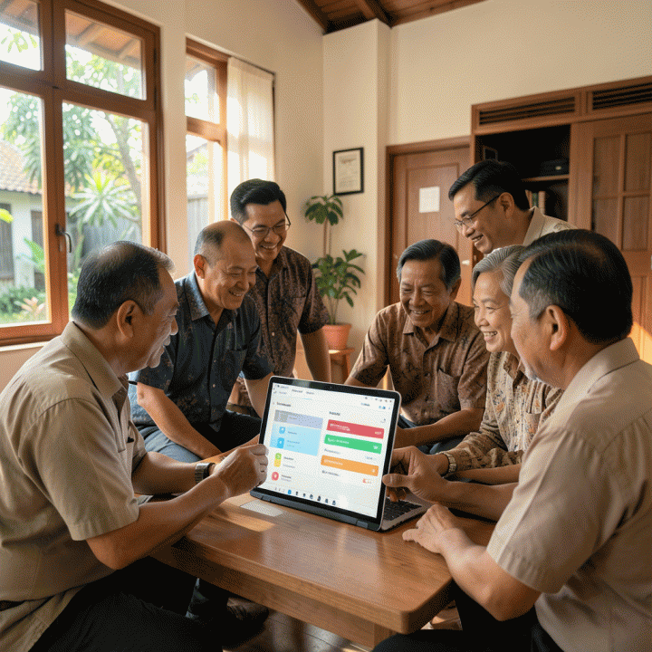 Pengurus RT/RW Indonesia menggunakan tablet digital di balai warga, berdiskusi tentang data dan keuangan komunitas yang terorganisir secara digital.