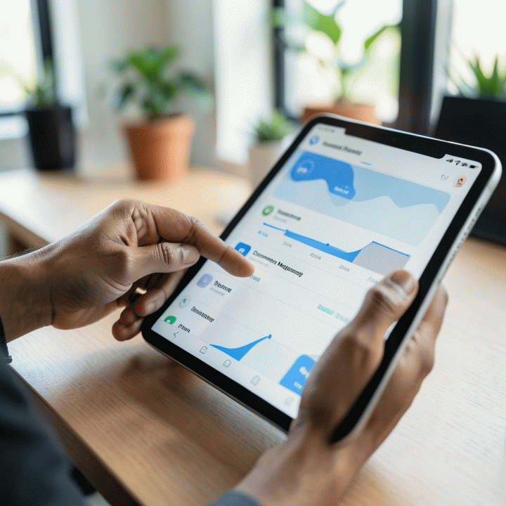 Tangan pengurus sedang memasukkan data warga atau iuran ke dalam antarmuka digital yang bersih di tablet.