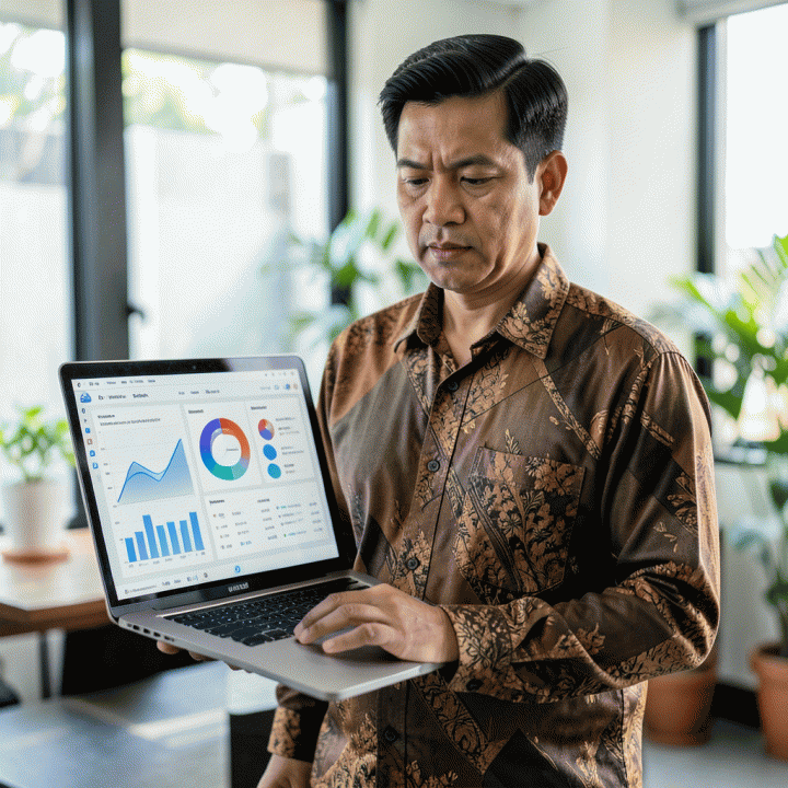 Pengurus RT/RW melihat laporan keuangan komunitas yang terstruktur dan transparan di laptop.