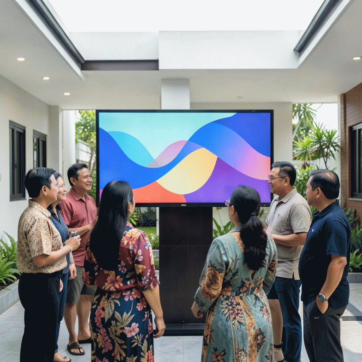 Komunitas warga yang menerima pengumuman penting secara terpusat melalui sistem digital, menunjukkan komunikasi yang transparan.