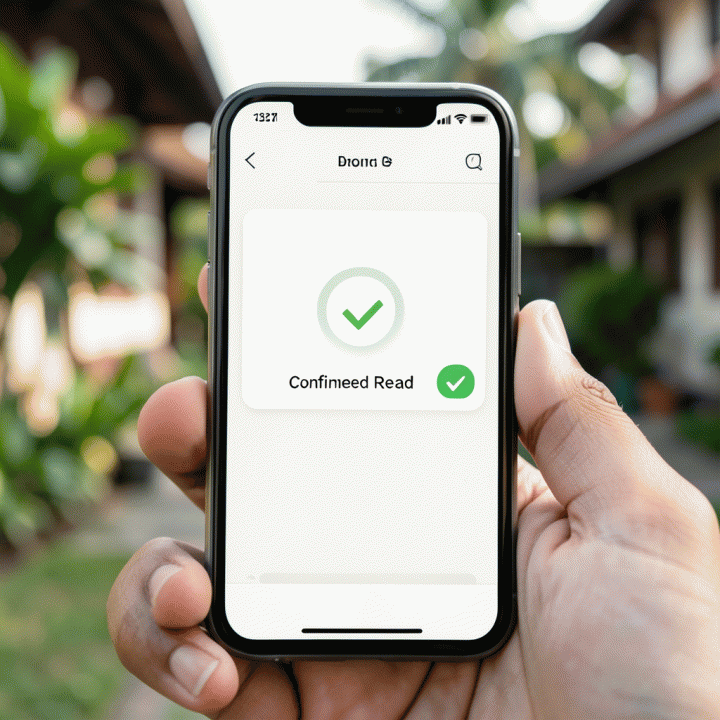Tampilan antarmuka aplikasi di smartphone yang menunjukkan pengumuman wajib lingkungan yang telah berhasil diterima dan dikonfirmasi oleh warga.