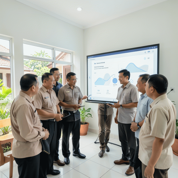 Pengurus RT/RW modern Indonesia berkumpul di aula komunitas yang cerah, berdiskusi tentang data dan pengumuman lingkungan pada layar digital yang menampilkan visualisasi data yang rapi dan abstrak.