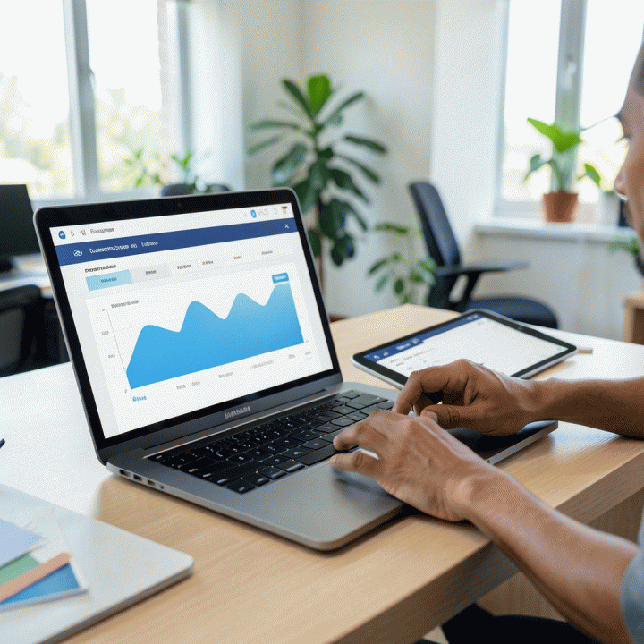 Pengurus lingkungan menggunakan laptop dan tablet modern di kantor komunitas, menunjukkan proses digitalisasi pencatatan data warga dan keuangan yang transparan.