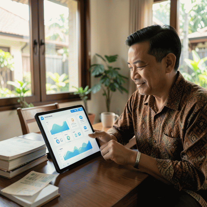 Pengurus RT/RW Indonesia menggunakan tablet digital untuk mengelola administrasi lingkungan modern, membandingkan kemudahan sistem digital dengan tumpukan berkas manual.