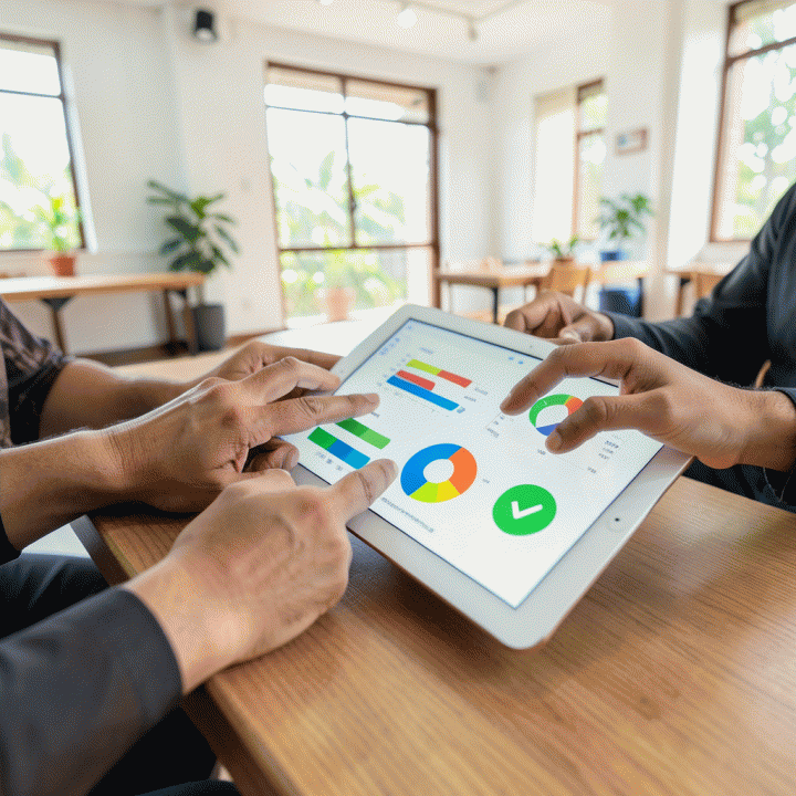 Tangan-tangan berinteraksi dengan tablet yang menampilkan visualisasi data keuangan lingkungan yang abstrak dan modern.