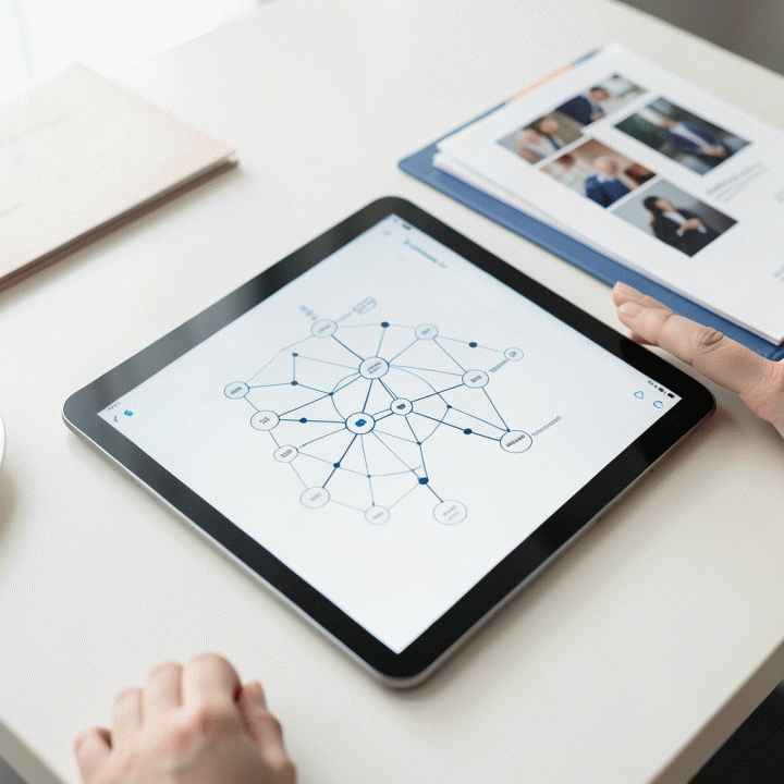 Tampilan close-up antarmuka aplikasi silsilah keluarga di tablet yang menampilkan pohon keturunan yang rapi dan terstruktur, menunjukkan hasil akhir setelah proses pengarsipan digital.