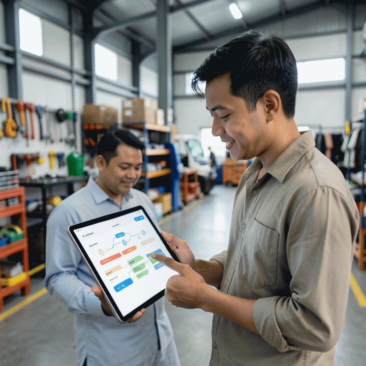 Seorang pemilik bisnis rental di Indonesia yang menggunakan tablet modern untuk mengelola inventaris dan pemesanan secara digital di gudang yang rapi dan efisien.