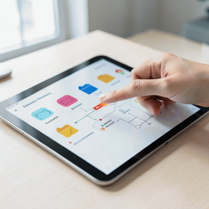 Tangan yang sedang menggunakan tablet untuk melacak inventaris secara real-time, menunjukkan manajemen aset yang mudah.