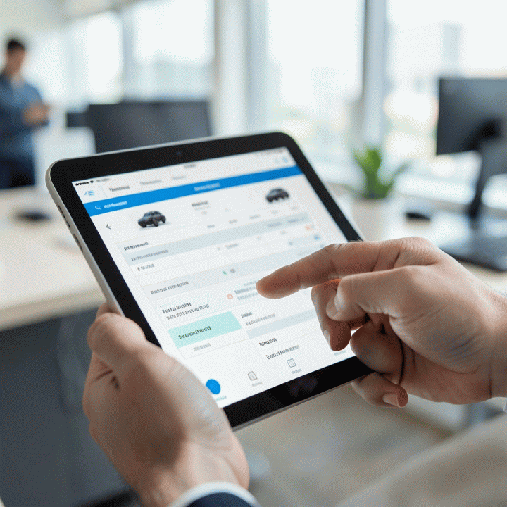 Tangan profesional menggunakan tablet untuk menjadwalkan pemesanan dan mengelola kalender booking secara digital.
