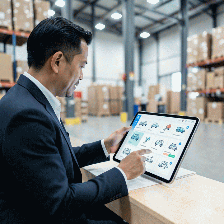 Manajer bisnis rental menggunakan tablet untuk melacak inventaris secara real-time di gudang yang modern.