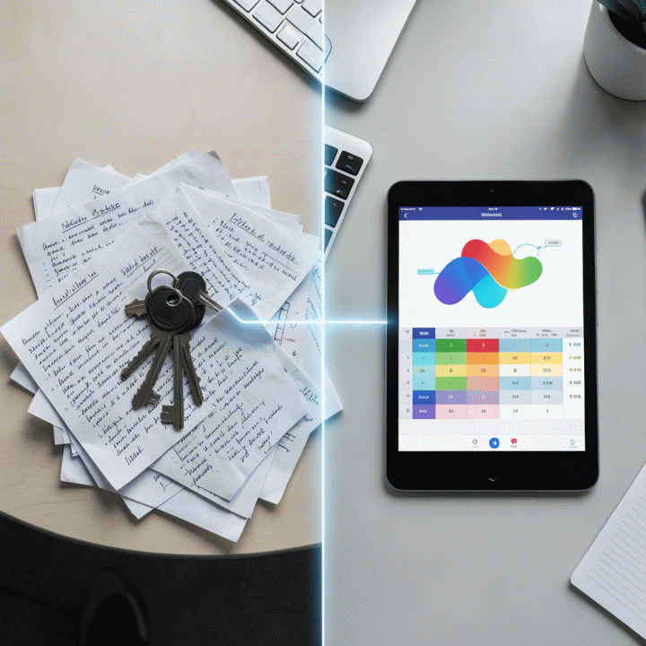 Perbandingan visual antara pencatatan manual yang berantakan dengan sistem penjadwalan pemesanan digital yang rapi dan efisien.
