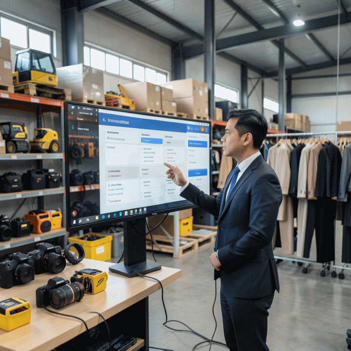 Manajer bisnis Indonesia yang melihat dashboard digitalisasi inventaris dan penjadwalan pemesanan di lokasi rental yang modern dan terorganisir.