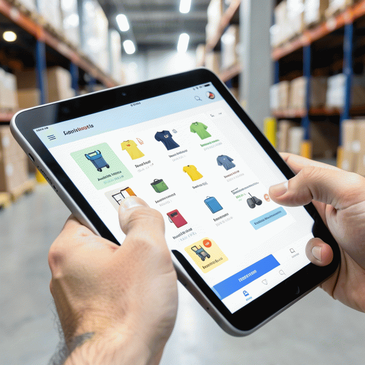 Tangan yang menggunakan tablet untuk mengelola inventaris rental secara real-time, menampilkan status ketersediaan barang.