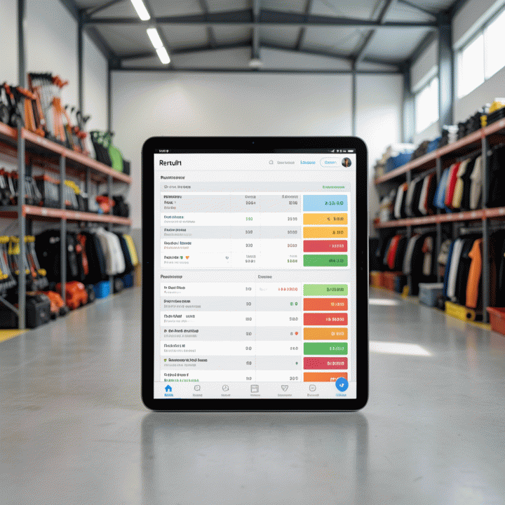 Tampilan digitalisasi operasional bisnis rental yang efisien, menampilkan antarmuka tablet modern yang menunjukkan pelacakan inventaris dan jadwal pemesanan secara real-time di lingkungan gudang yang terorganisir.