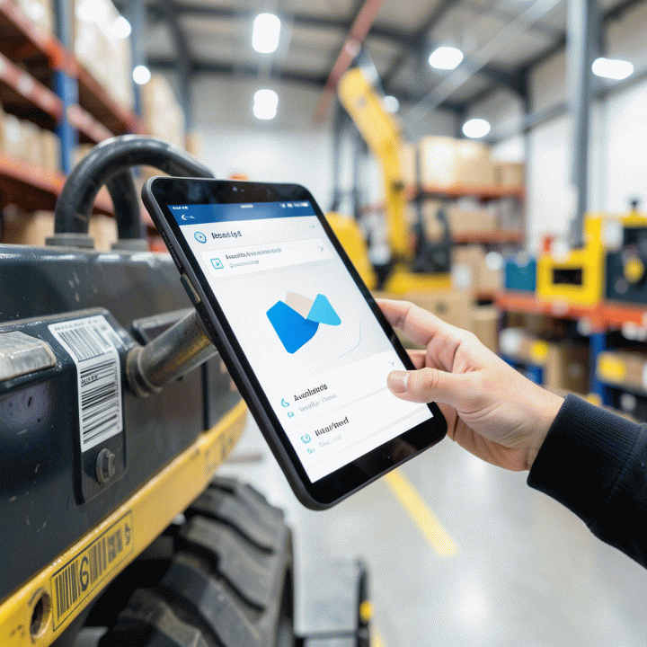 Penggunaan tablet untuk pemindaian inventaris alat berat secara real-time di gudang yang rapi.